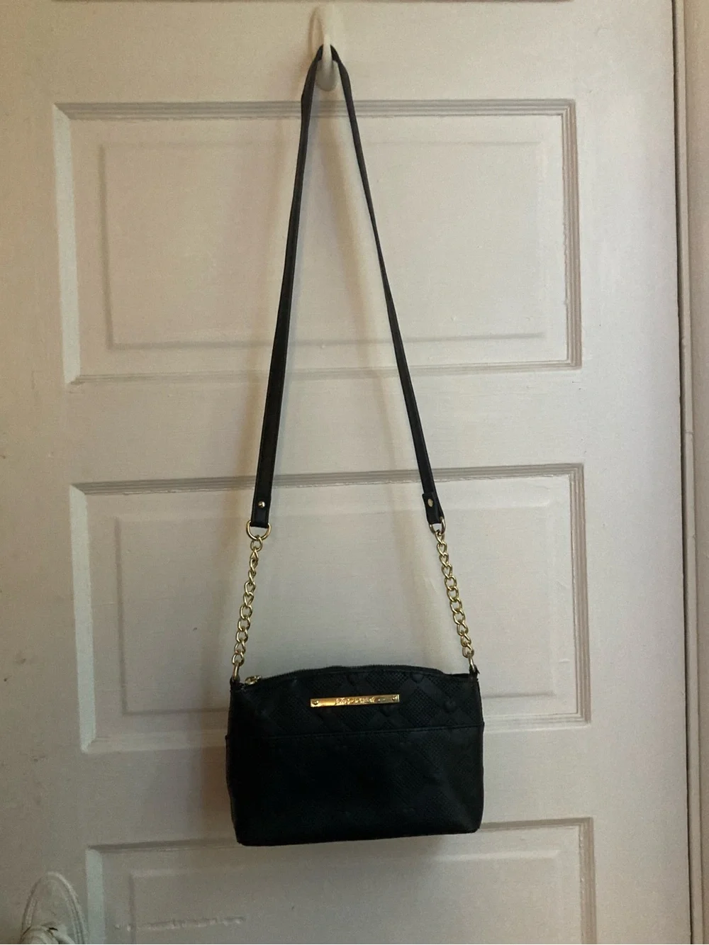 Betsey Johnson Black Heart Embossed Crossbody Bag with Gold Chain